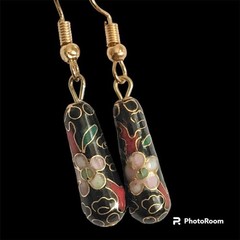 Vintage Pink Red Flower Cloisonne Earrings Black Enamel Gold Tone Taiwan Asian