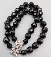 Vintage Black Glass Faceted 3 Strand Bracelet Rhinestone Box Clasp Stunning
