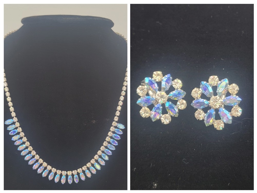 B. David Blue Aurora Borealis Marquise Rhinestone Clip Earrings & Necklace 20″