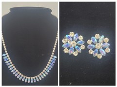 B. David Blue Aurora Borealis Marquise Rhinestone Clip Earrings & Necklace 20″