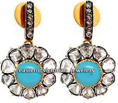 Vintage 2.25Ct Rose Antique Cut Diamond Turquoise Silver Amazing Earring Jewelry