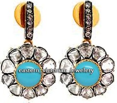 Vintage 2.25Ct Rose Antique Cut Diamond Turquoise Silver Amazing Earring Jewelry