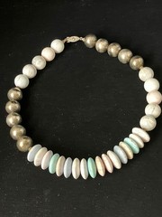 Vintage Polished Stone Necklace Pastel Blue Silver Tone Beaded