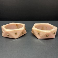 2 Chunky Retro Geometric Hexagon Soft Pink Gold Studed Marbled Bangle Bracelets