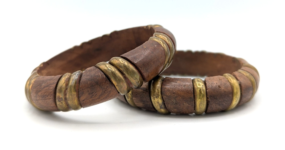 Chunky Wood Bangle Bracelets Brass Inlay Brown Boho Chic Set of 2 Vintage