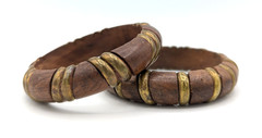 Chunky Wood Bangle Bracelets Brass Inlay Brown Boho Chic Set of 2 Vintage