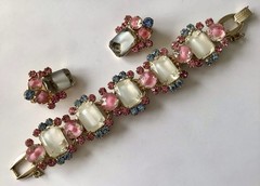 VTG JULIANA D & E 5 LINK PINK BLUE & WHITE GIVRE RHINESTONE BRACELET & EARRINGS