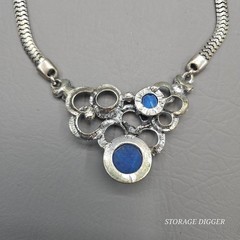 Vintage Bib Statement Necklace Silver Tone Blue Marbled Cabochon Rhinestone 19″