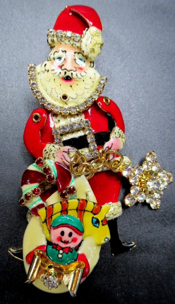 LUNCH AT THE RITZ Christmas Santa’s Pin Enamel Crystal Brooch On Original Card