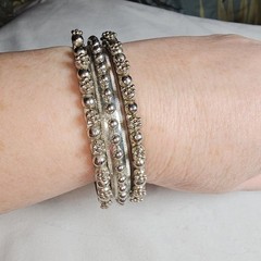 SET OF 3 Vintage Rajasthani Style BANGLE BRACELET Beaded Tribal Silvertone 8.25″