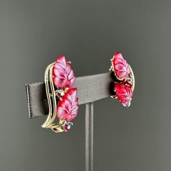 Vintage Rhinestone Flower Earrings Magenta Pink AB Crystal Leaf Climber Signed