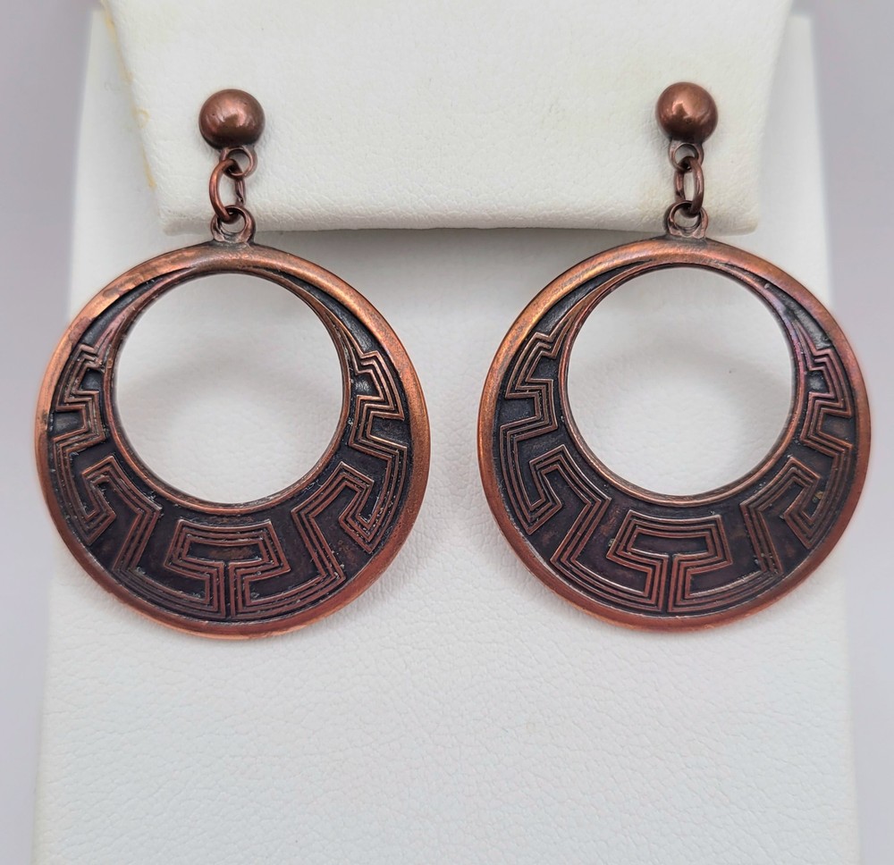 Vintage Sunbell Circle Copper Color Metal Dangle Drop Hoop Earrings Southwest