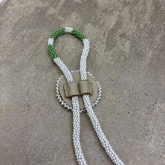 Vtg Seed Bead Leather Necklace Medallion Native American Green White 30 In