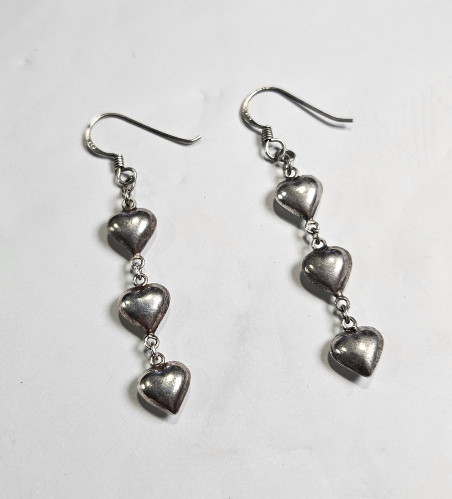 Vintage Sterling Silver Triple Puffy Heart Drop Dangle Hook Earrings 3.4g