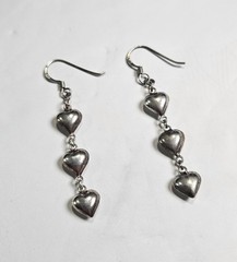Vintage Sterling Silver Triple Puffy Heart Drop Dangle Hook Earrings 3.4g