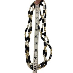 Vintage Faux Pearl & Beaded Necklace 3 Strand Black White Gold Tone