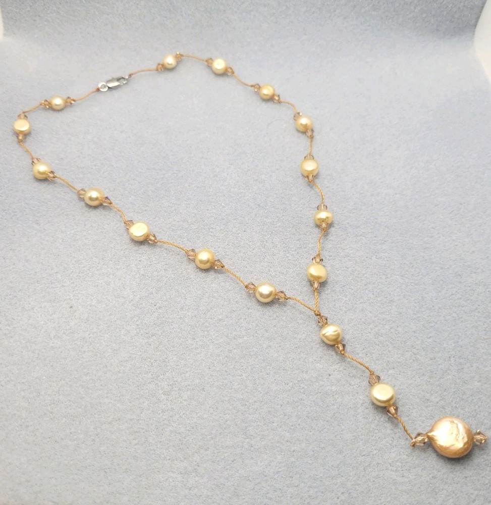 Freshwater Yellow Pearl And Glass Bead Necklace 17in .