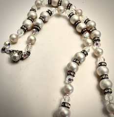 Vintage Long Faux Pearl Flapper Necklace/Crystals/Roundels w/Rhinestones/Tassel