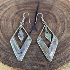 Vintage Alpaca Mexico Abalone Diamond Shape Dangle Drop 3 1/8″ Pierced Earrings