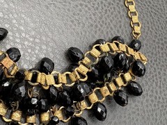 Vintage Old Book Chain Black Faceted Bead Charm Bib Festoon Layered Necklace 17”