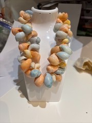 Vtg 80s Chunky Sea Shell Necklace Pastel Blue Peach Coastal Grandma Miami Vice