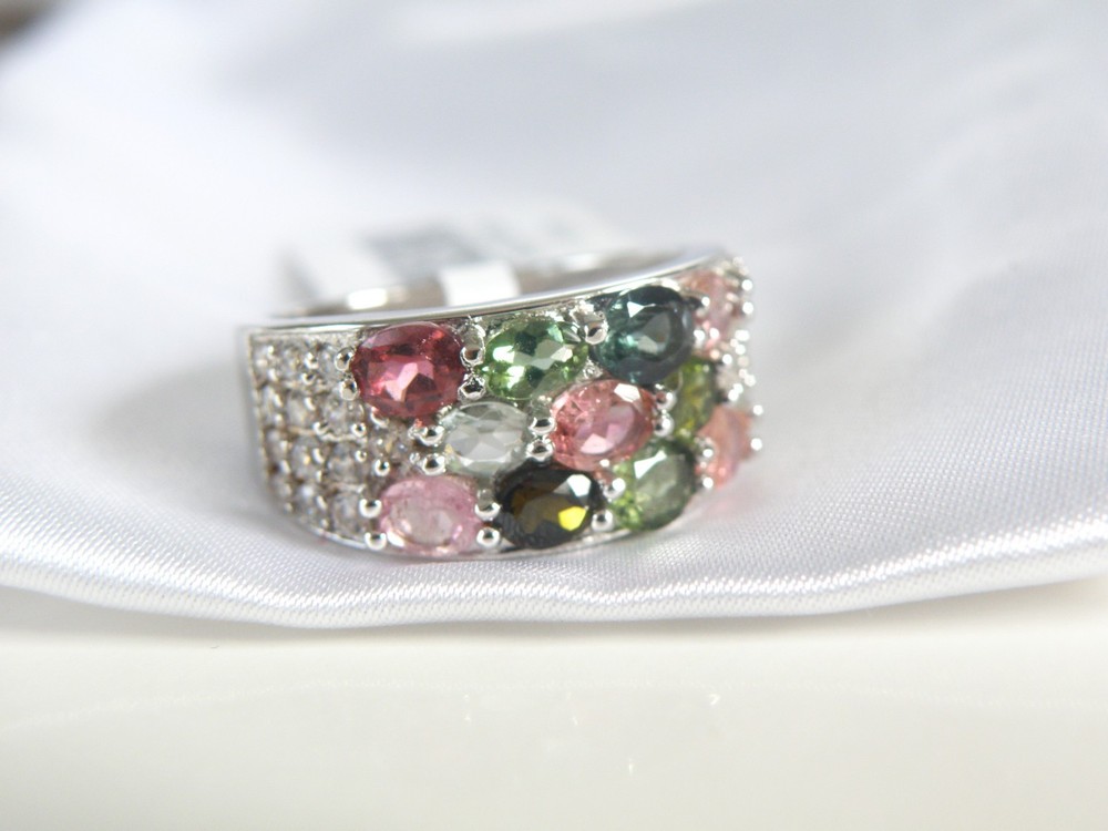 Sterling Silver 925 Multi Row Natural Tourmaline Ring Size 8