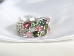 Sterling Silver 925 Multi Row Natural Tourmaline Ring Size 8