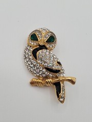 Vintage Jewelry Brooch Pin Owl Green Rhinestone Crystal Bird Women Accessory