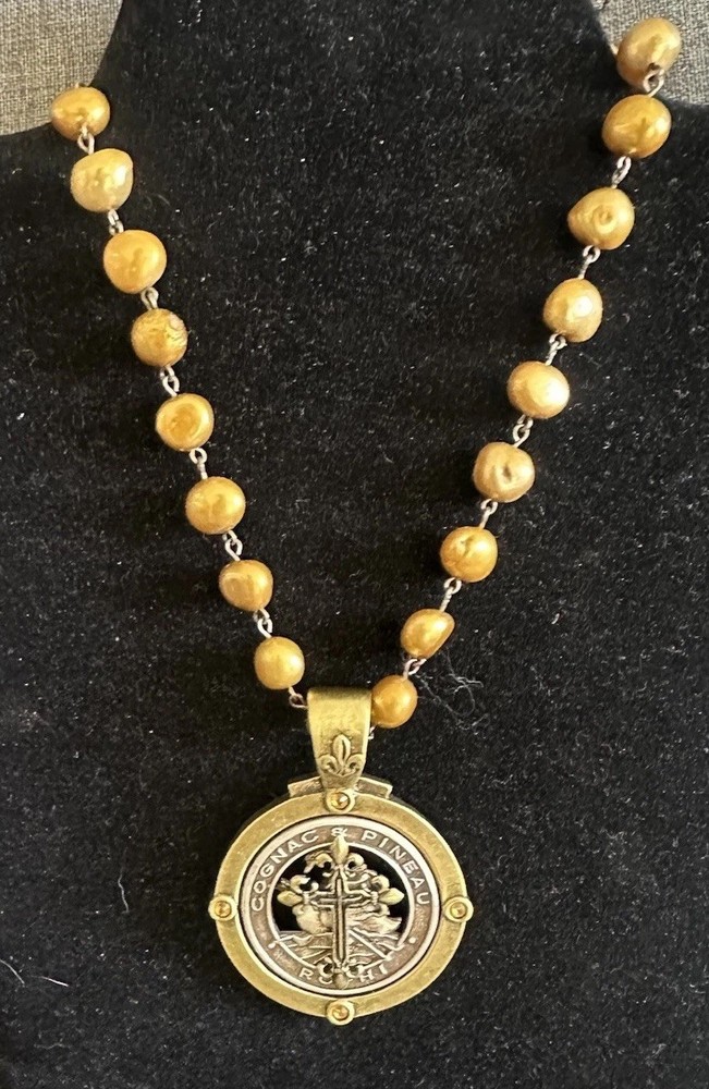 Vintage Necklace French Kande Faux Golden Pearl, Pendant Cognac Pineau 16”