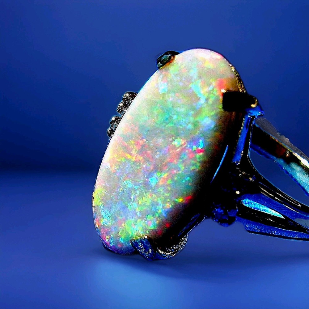 Original EARTH MINED OPAL DIAMOND Deco Engagement Ring SOLID 14K GOLD Solitaire