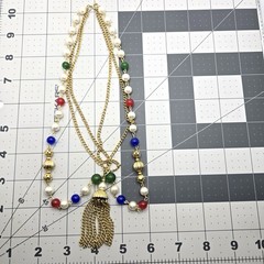 VTG Multi-Strand Layered Tassel Necklace Colorful Glass Beads GoldTone Statement