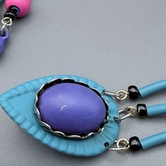 VTG 80s Post Earrings Dangle Metal Tassel Multi Color Acrylic Beads Blue Purple