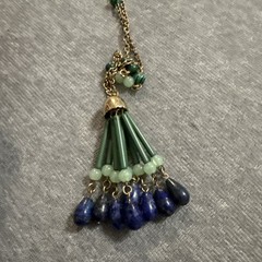 VTG Long Y Site Lariat Glass Beaded Faux Jade Lapis Necklace Gold Tone Fringe