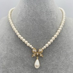 Vintage Faux Pearl Teardrop With Gold Tone Bow & Crystal Rhinestone Bib Necklace