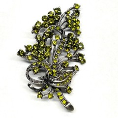 VTG Floral Spray Bow Pin Brooch Sparkling AB Peridot Green Crystal Rhinestones