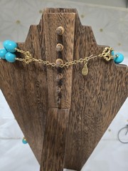 Double Strand Chunky Turquoise Color Blue Bead Necklace Gold Tone Dragon Pendant