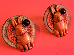 Vintage Mixed Metals Rabbit Earrings With Black Stone Accent Oxidized Bunny 3D