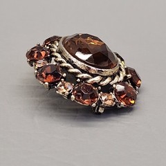 Vtg Rhinestone Brooch Gold Tone Oval Brown Glass Orange Domed Pin 1.75 in