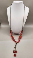 VTG 70s 80s Red Orange Acrylic Bead Statement Necklace Long Claspless 30″ Tassel