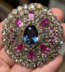 Vintage HOBE Filigree Clip Brooch Ruby Red Aqua & Clear Glass Stones