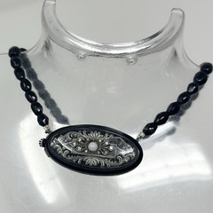 Vintage Art Deco 14” Black Glass French Jet Beaded Ornate Silver Tone Necklace