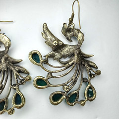 Boho Antique-Bronze Peacock Dangle Statement Earrings Turquoise Rhinestone Drops
