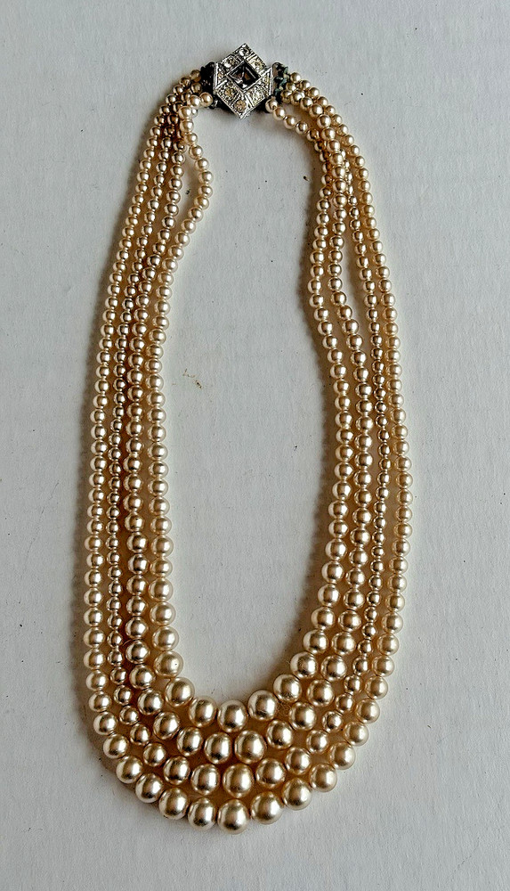 Vintage Pearl Necklace Rhinestone Clasp 4 Strand Graduated Champagne