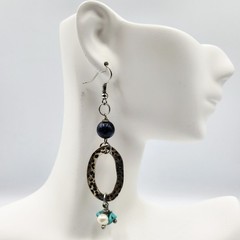 Vintage Antique Boho Silver Turquoise Pearl Beaded Stone Hammered Earrings Pair