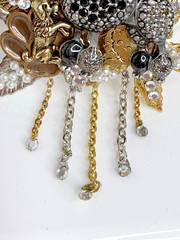 Large Vintage Rhinestone French Poodle Dog Brooch Pearls Leaves Dangling Chains