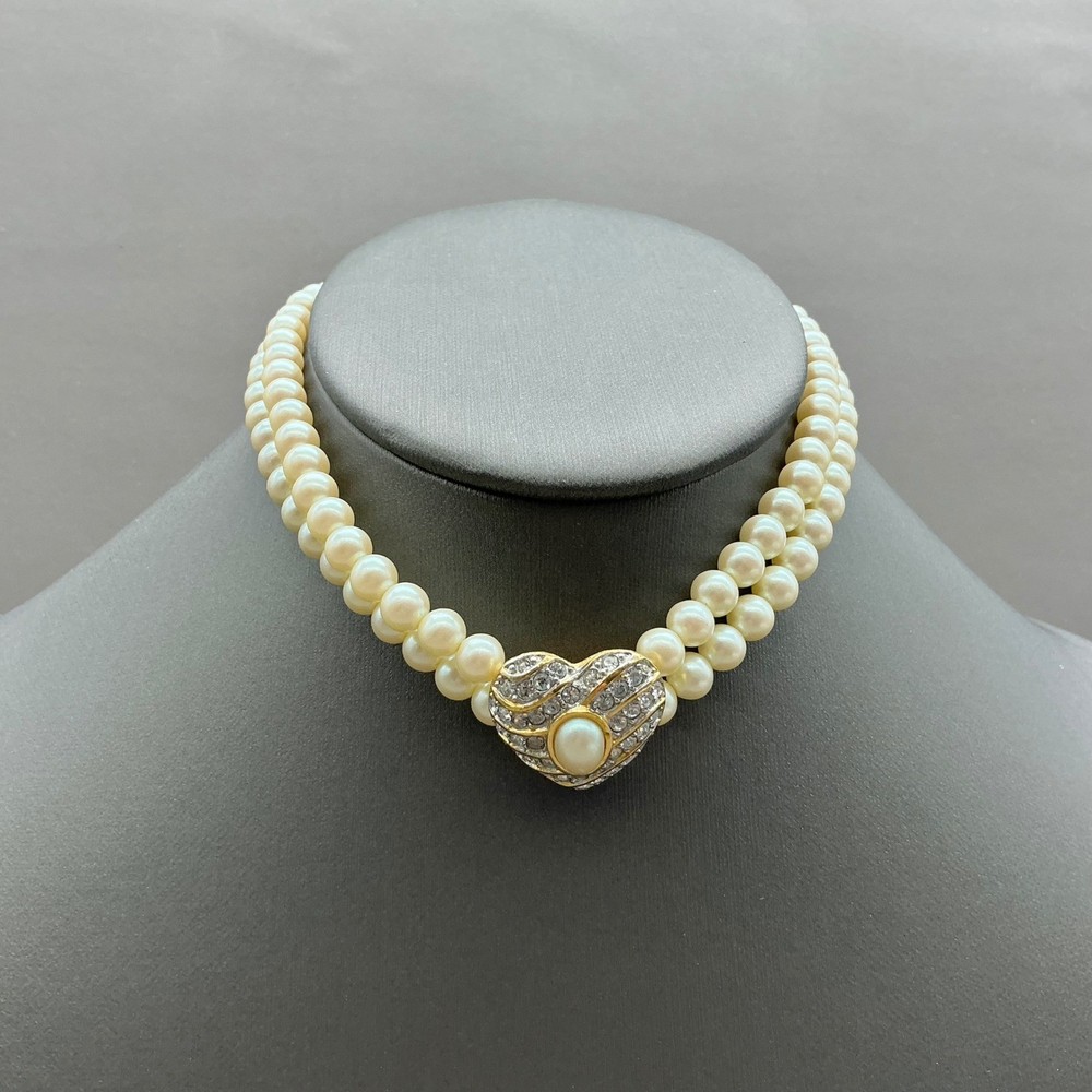 Richelieu Necklace Vintage Faux Pearl Double Strand Rhinestone Heart Choker