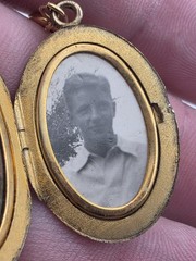 1938 Vintage Gold Plated Oval Locket “BTF” Monogram – Young Man + Red Tractor