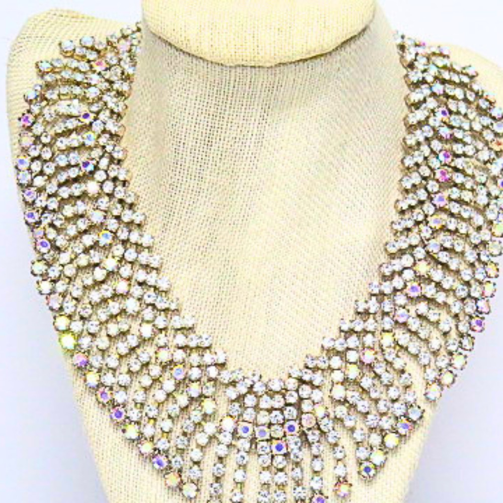 Vintage AB Rhinestone Fringe Bib Statement Necklace Silver Tone Glam
