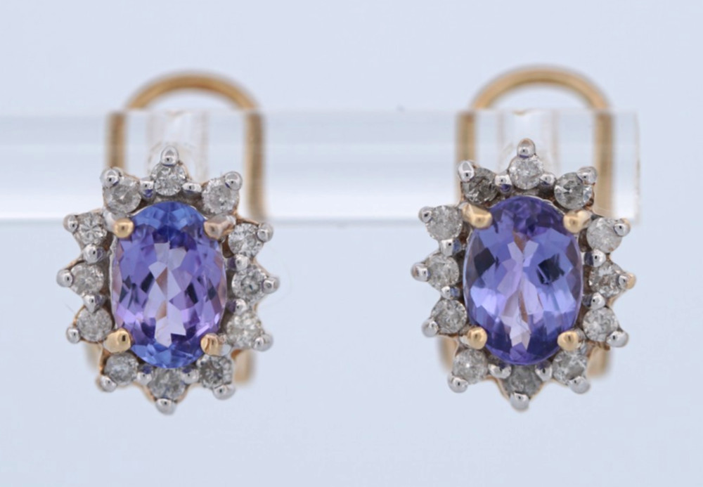 14K Yellow Gold Oval Tanzanite & Diamond Omega back Earrings, 3.3 grams