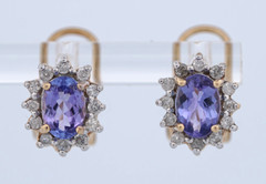 14K Yellow Gold Oval Tanzanite & Diamond Omega back Earrings, 3.3 grams